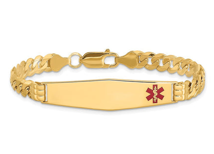 14K Medical Solid Chain/Solid Plate Soft Diamond Shape Off-Center Red Enamel Curb Link ID Bracelet (Style XM574FC-7)