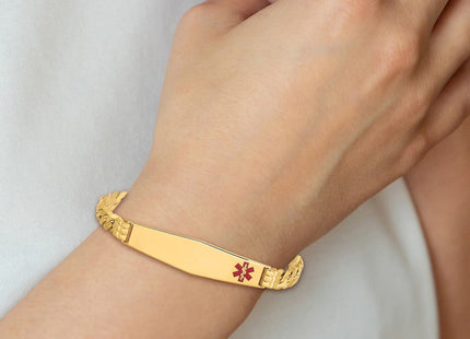 14K Medical Solid Chain/Solid Plate Soft Diamond Shape Off-Center Red Enamel Curb Link ID Bracelet (Style XM574FC-7)