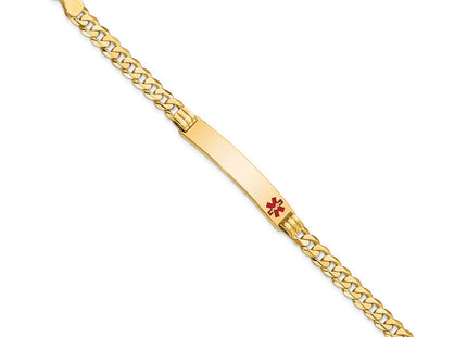 14K Medical Solid Chain/Solid Plate Off-Center Red Enamel Curb Link ID Bracelet (Style XM574FR-7)
