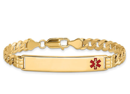 14K Medical Solid Chain/Solid Plate Off-Center Red Enamel Curb Link ID Bracelet (Style XM574FR-7)