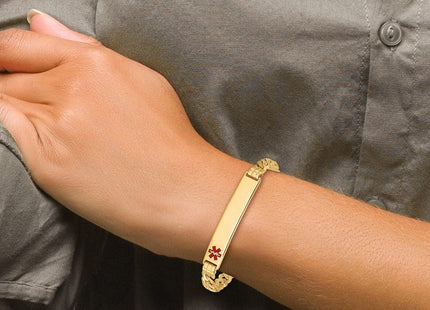 14K Medical Solid Chain/Solid Plate Off-Center Red Enamel Curb Link ID Bracelet (Style XM574FR-7)