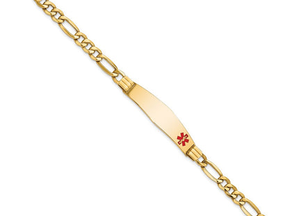 14K Medical Semi-Solid Chain/Solid Plate Soft Diamond Shape Off-Center Red Enamel Figaro Link ID Bracelet (Style XM576FC-7)