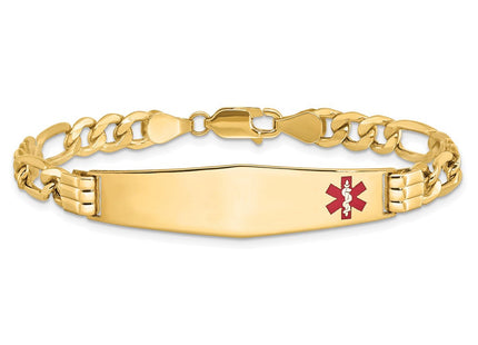 14K Medical Semi-Solid Chain/Solid Plate Soft Diamond Shape Off-Center Red Enamel Figaro Link ID Bracelet (Style XM576FC-7)