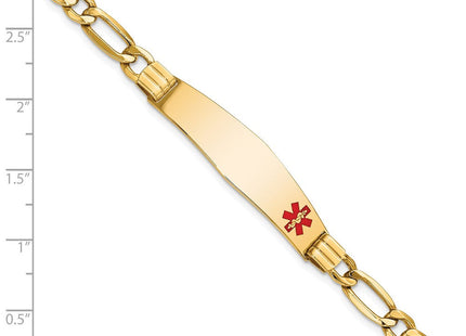 14K Medical Semi-Solid Chain/Solid Plate Soft Diamond Shape Off-Center Red Enamel Figaro Link ID Bracelet (Style XM576FC-7)