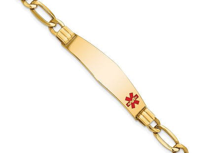 14K Medical Semi-Solid Chain/Solid Plate Soft Diamond Shape Off-Center Red Enamel Figaro Link ID Bracelet (Style XM576FC-7)