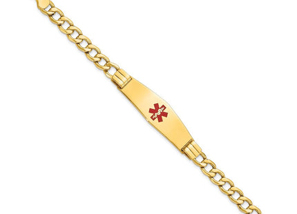 14K Medical Semi-Solid Chain/Solid Plate Soft Diamond Shape Centered Red Enamel Curb Link ID Bracelet (Style XM579CC-7)