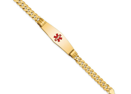 14K Medical Solid Chain/Solid Plate Soft Diamond Shape Centered Red Enamel Curb Link ID Bracelet (Style XM581CC-7)