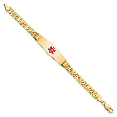 14K Medical Solid Chain/Solid Plate Soft Diamond Shape Centered Red Enamel Curb Link ID Bracelet, 7 x 13.5mm
