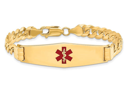 14K Medical Solid Chain/Solid Plate Soft Diamond Shape Centered Red Enamel Curb Link ID Bracelet (Style XM581CC-7)
