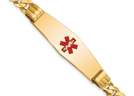 14K Medical Solid Chain/Solid Plate Soft Diamond Shape Centered Red Enamel Curb Link ID Bracelet (Style XM581CC-7)