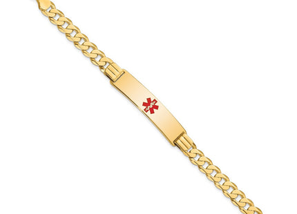 14K Medical Solid Chain/Solid Plate Centered Red Enamel Curb Link ID Bracelet (Style XM581CR-7)