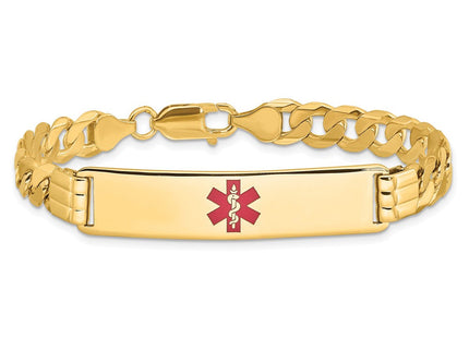 14K Medical Solid Chain/Solid Plate Centered Red Enamel Curb Link ID Bracelet (Style XM581CR-7)