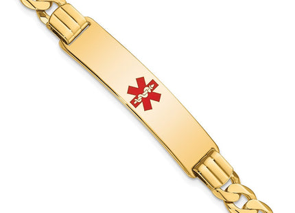 14K Medical Solid Chain/Solid Plate Centered Red Enamel Curb Link ID Bracelet (Style XM581CR-7)