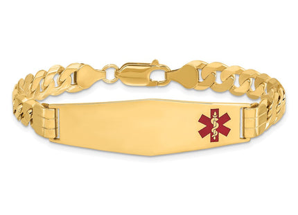 14K Medical Solid Chain/Solid Plate Soft Diamond Shape Off-Center Red Enamel Curb Link ID Bracelet (Style XM581FC-7)
