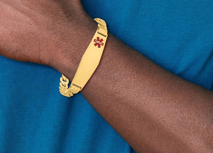 14K Medical Solid Chain/Solid Plate Soft Diamond Shape Off-Center Red Enamel Curb Link ID Bracelet (Style XM581FC-7)