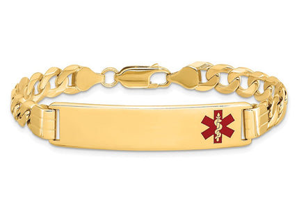 14K Medical Solid Chain/Solid Plate Off-Center Red Enamel Curb Link ID Bracelet (Style XM581FR-7)