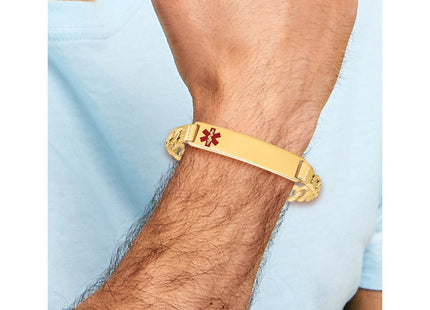 14K Medical Solid Chain/Solid Plate Off-Center Red Enamel Curb Link ID Bracelet (Style XM581FR-7)