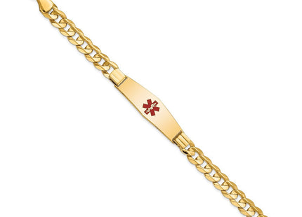 14K Medical Solid Chain/Solid Plate Soft Diamond Shape Centered Red Enamel Curb Link ID Bracelet (Style XM583CC-8)