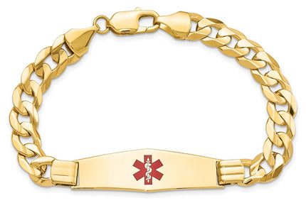 14K Medical Solid Chain/Solid Plate Soft Diamond Shape Centered Red Enamel Curb Link ID Bracelet (Style XM583CC-8)
