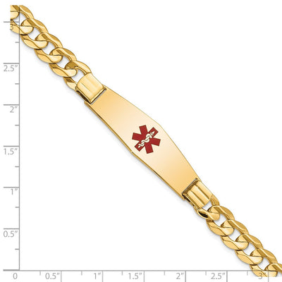 14K Medical Solid Chain/Solid Plate Soft Diamond Shape Centered Red Enamel Curb Link ID Bracelet, 8 x 13.5mm