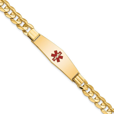 14K Medical Solid Chain/Solid Plate Soft Diamond Shape Centered Red Enamel Curb Link ID Bracelet, 8 x 13.5mm