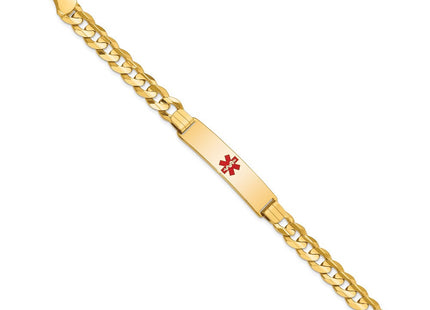 14K Medical Solid Chain/Solid Plate Centered Red Enamel Curb Link ID Bracelet (Style XM583CR-8)