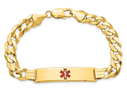 14K Medical Solid Chain/Solid Plate Centered Red Enamel Curb Link ID Bracelet (Style XM583CR-8)