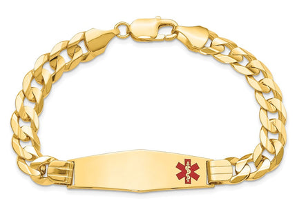 14K Medical Solid Chain/Solid Plate Soft Diamond Shape Off-Center Red Enamel Curb Link ID Bracelet (Style XM583FC-8)