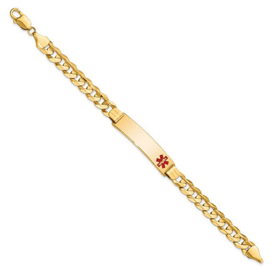 14K Medical Solid Chain/Solid Plate Off-Center Red Enamel Curb Link ID Bracelet, 8 x 10.5mm