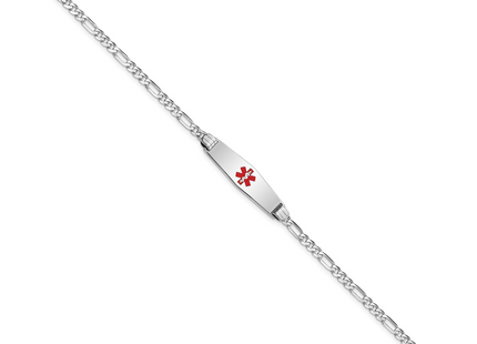 14K White Gold Medical Solid Chain/Solid Plate Soft Diamond Shape Centered Red Enamel Figaro Link ID Bracelet, 7 x 7.5mm