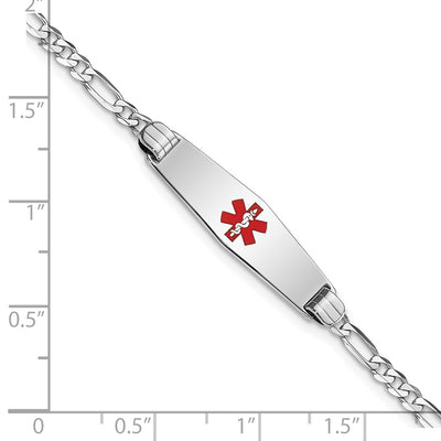 14K White Gold Medical Solid Chain/Solid Plate Soft Diamond Shape Centered Red Enamel Figaro Link ID Bracelet, 7 x 7.5mm