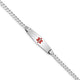 14K White Gold Medical Solid Chain/Solid Plate Soft Diamond Shape Centered Red Enamel Flat Curb Link ID Bracelet, 7 x 7.5mm