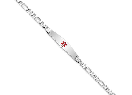 14K White Gold Medical Solid Chain/Solid Plate Soft Diamond Shape Centered Red Enamel Figaro Link ID Bracelet (Style XM590CCW-7)