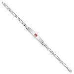 14K White Gold Medical Solid Chain/Solid Plate Soft Diamond Shape Centered Red Enamel Figaro Link ID Bracelet, 7 x 9mm view