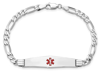 14K White Gold Medical Solid Chain/Solid Plate Soft Diamond Shape Centered Red Enamel Figaro Link ID Bracelet (Style XM590CCW-7)