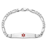 14K White Gold Medical Solid Chain/Solid Plate Soft Diamond Shape Centered Red Enamel Figaro Link ID Bracelet, 7 x 9mm view