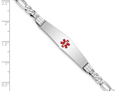 14K White Gold Medical Solid Chain/Solid Plate Soft Diamond Shape Centered Red Enamel Figaro Link ID Bracelet (Style XM590CCW-7)