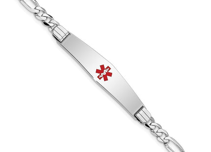 14K White Gold Medical Solid Chain/Solid Plate Soft Diamond Shape Centered Red Enamel Figaro Link ID Bracelet (Style XM590CCW-7)
