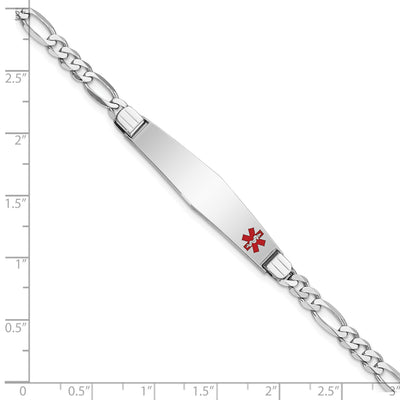 14K White Gold Medical Solid Chain/Solid Plate Soft Diamond Shape 37x9mm Off-Center Red Enamel Figaro Link ID Bracelet