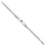 14K White Gold Medical Solid Chain/Solid Plate Soft Diamond Shape Centered Red Enamel Flat Curb Link ID Bracelet, 7 x 9mm view