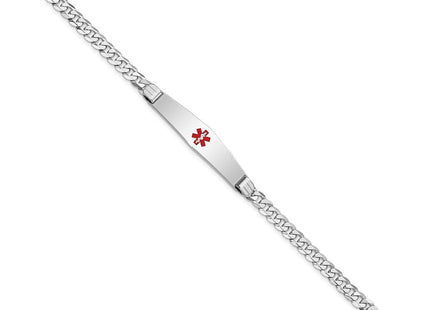 14K White Gold Medical Solid Chain/Solid Plate Soft Diamond Shape Centered Red Enamel Flat Curb Link ID Bracelet (Style XM591CCW-8)