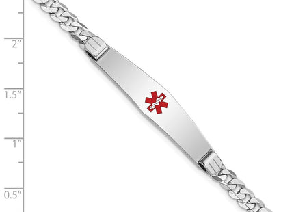 14K White Gold Medical Solid Chain/Solid Plate Soft Diamond Shape Centered Red Enamel Flat Curb Link ID Bracelet (Style XM591CCW-8)