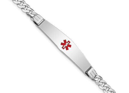14K White Gold Medical Solid Chain/Solid Plate Soft Diamond Shape Centered Red Enamel Flat Curb Link ID Bracelet (Style XM591CCW-8)
