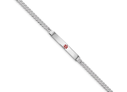 14K White Gold Medical Solid Chain/Solid Plate Centered Red Enamel Flat Curb Link ID Bracelet (Style XM591CRW-7)