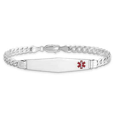 14K White Gold Medical Solid Chain/Solid Plate Soft Diamond Shape 37x9mm Off-Center Red Enamel Flat Curb Link ID Bracelet