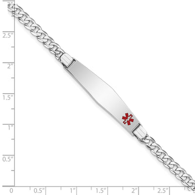 14K White Gold Medical Solid Chain/Solid Plate Soft Diamond Shape 37x9mm Off-Center Red Enamel Flat Curb Link ID Bracelet