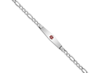 14k White Gold Medical Semi-Solid Chain/Solid Plate Soft Diamond Shape Centered Red Enamel Figaro Link ID Bracelet (Style XM592CCW-7)