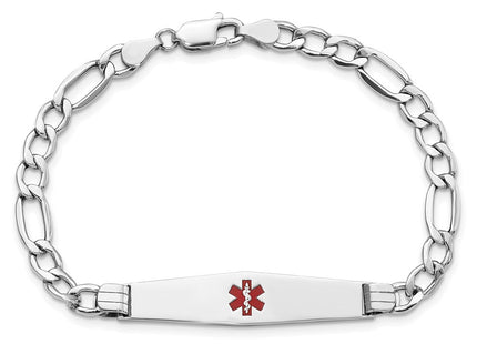 14k White Gold Medical Semi-Solid Chain/Solid Plate Soft Diamond Shape Centered Red Enamel Figaro Link ID Bracelet (Style XM592CCW-7)