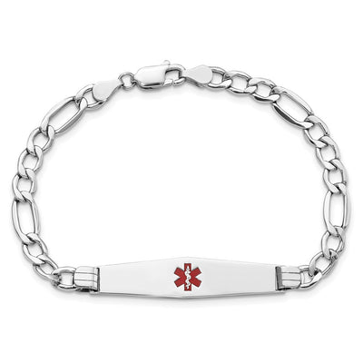 14K White Gold Medical Semi-Solid Chain/Solid Plate Soft Diamond Shape Centered Red Enamel Figaro Link ID Bracelet, 7 x 9mm