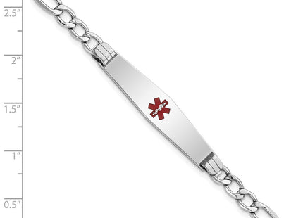 14k White Gold Medical Semi-Solid Chain/Solid Plate Soft Diamond Shape Centered Red Enamel Figaro Link ID Bracelet (Style XM592CCW-7)